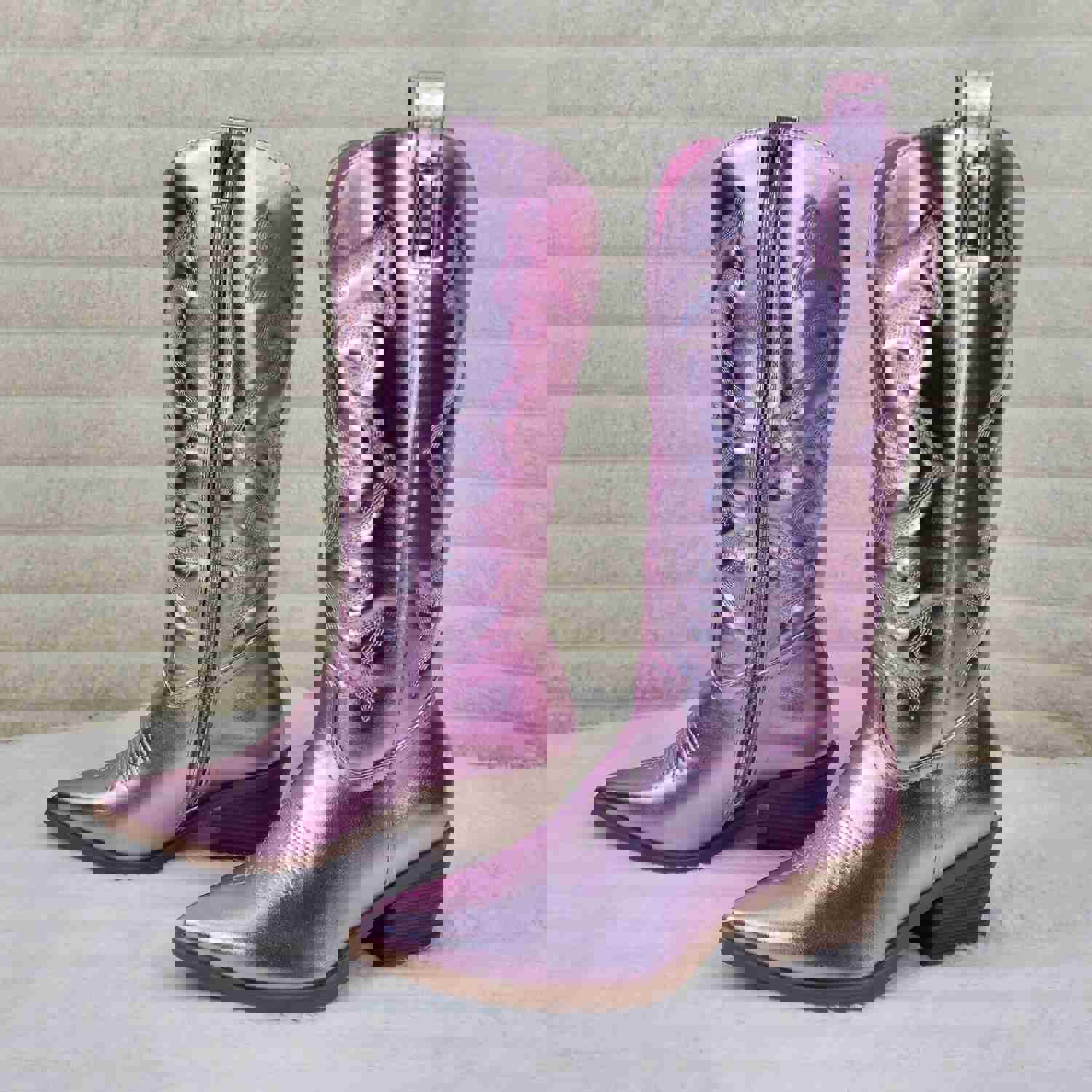 Disco Cowgirl Metallic Pink Cowboy Knee Boots with Western Block Heels