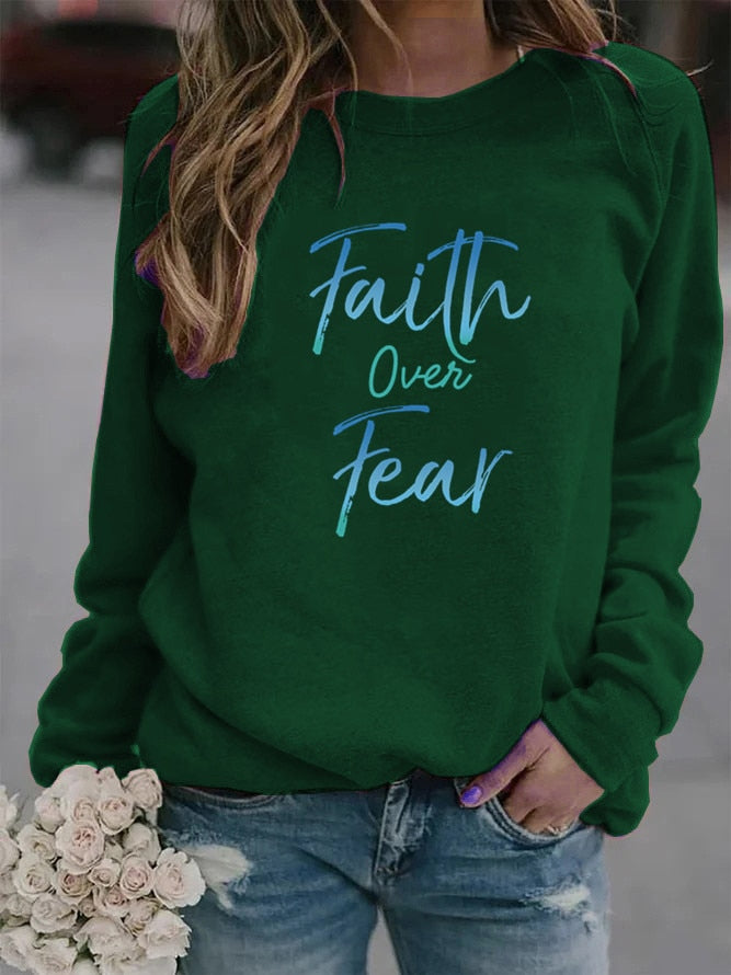 Women's Faith Over Fear Letter Printed Fleece Hoodie