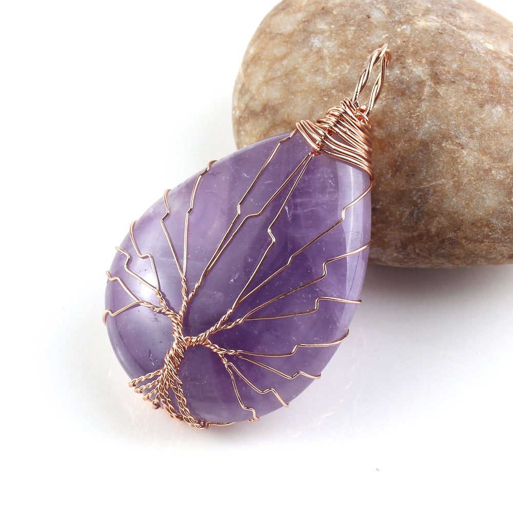 Natural Gnergy Gemstone Summer Style Rose Gold Color Purple Stone Tree Life Wire Wrapped Water Drop Pendant Amethysts Jewelry