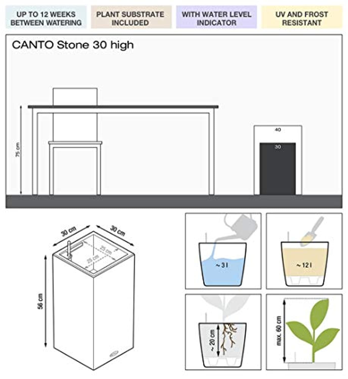 CASOLLY 13600 Canto 30 Tall Self-Watering Garden Planter for Indoor and Outdoor Use, Stone Grey