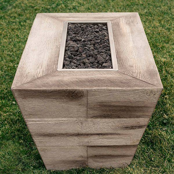 The Outdoor Plus Plymouth Rectangle 24 Tall Fire Pit in Wood Grain with Flame Sense System