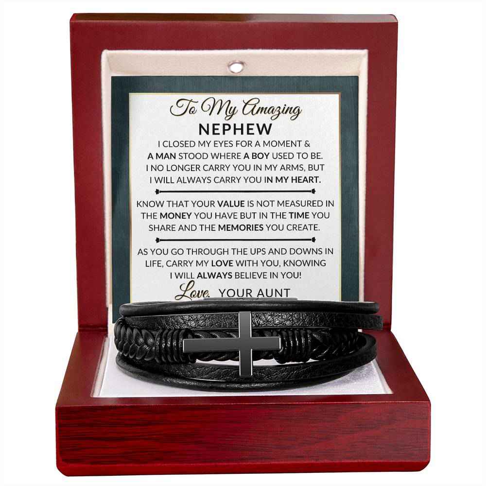 Gift For My Nephew - Mens Braided Leather Bracelet with Cross