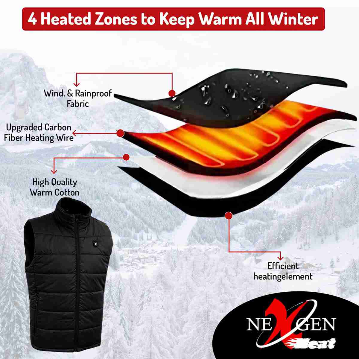 Nexgen Heat NXM3301SET Men's Heated Puffer Vest for Outdoor Activities with Rechargeable Battery