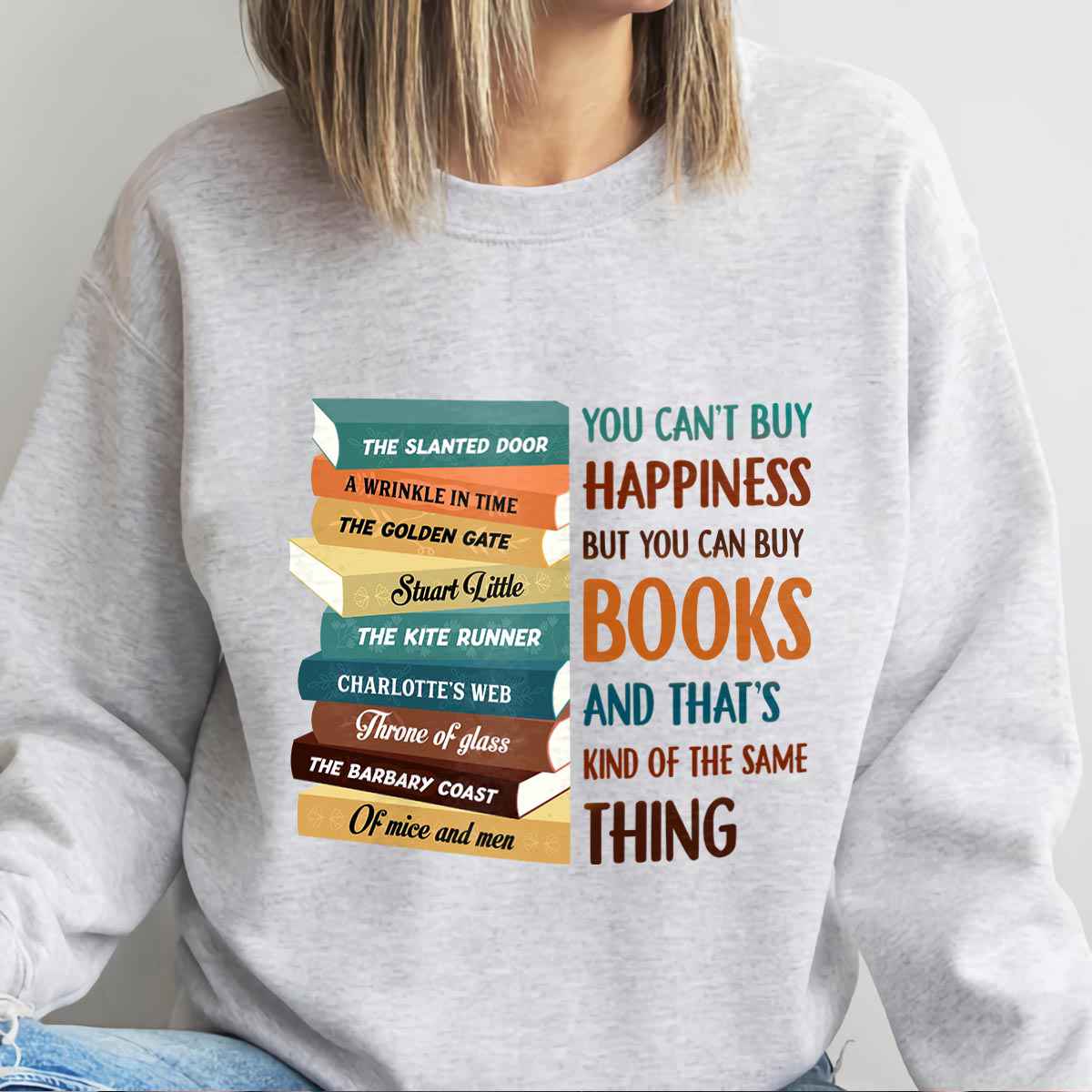 Custom Bookshelf Sweatshirt for Book Lovers - 'You Can't Buy Happiness But You Can Buy Books' Design