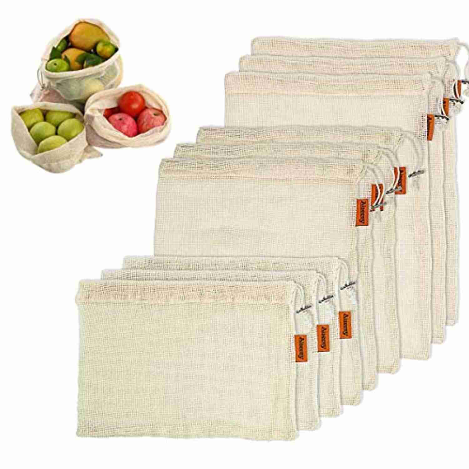 Reusable Organic Cotton Produce Bags - 9 Pack, Eco-Friendly Grocery Storage with Drawstring