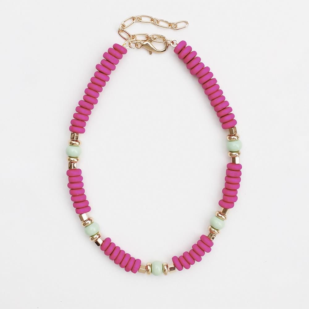 Wood Disc Beaded Necklace - Yellow, Fuchsia, Mint