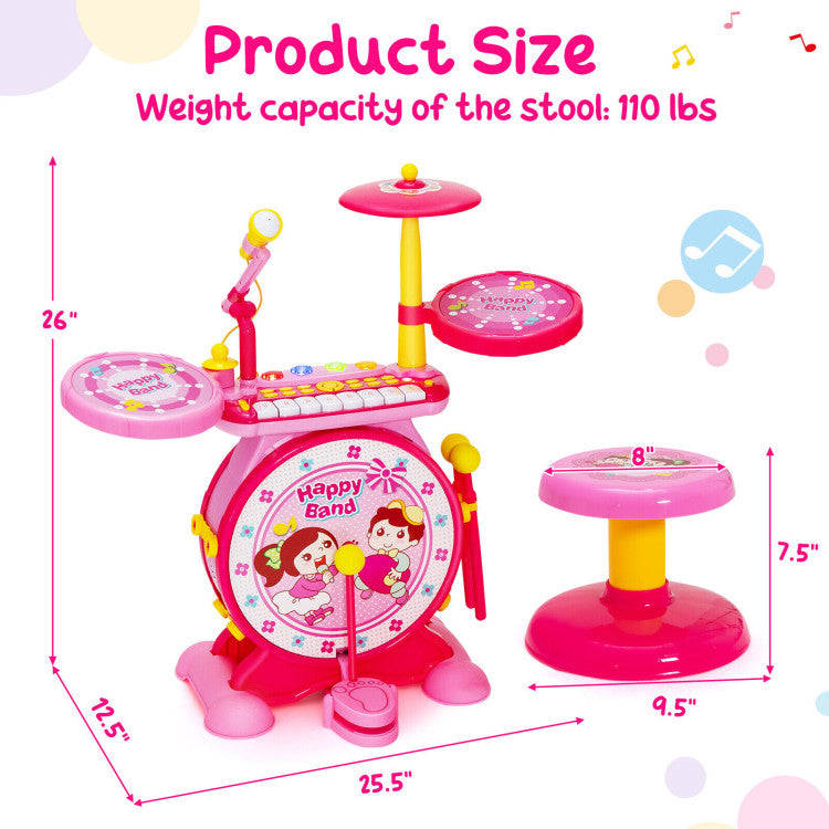 Costway 2-in-1 Kids Electronic Drum and Keyboard Set with Stool