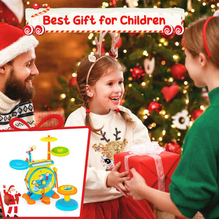 Costway 2-in-1 Kids Electronic Drum and Keyboard Set with Stool