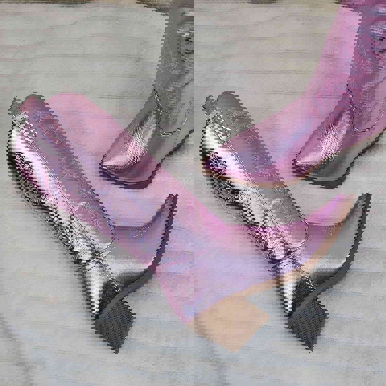 Disco Cowgirl Metallic Pink Cowboy Knee Boots with Western Block Heels