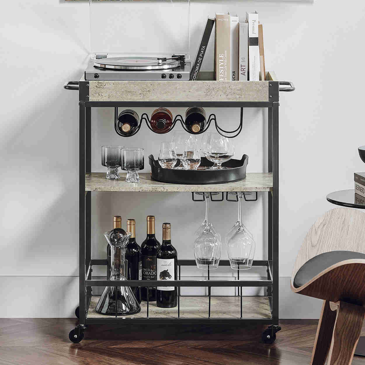 3 Tiers Kitchen Trolley Serving Cart with Wine Rack, FKW56-HG