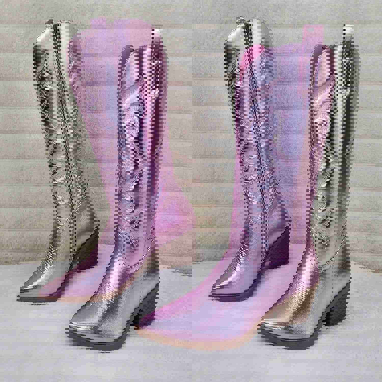Disco Cowgirl Metallic Pink Cowboy Knee Boots with Western Block Heels