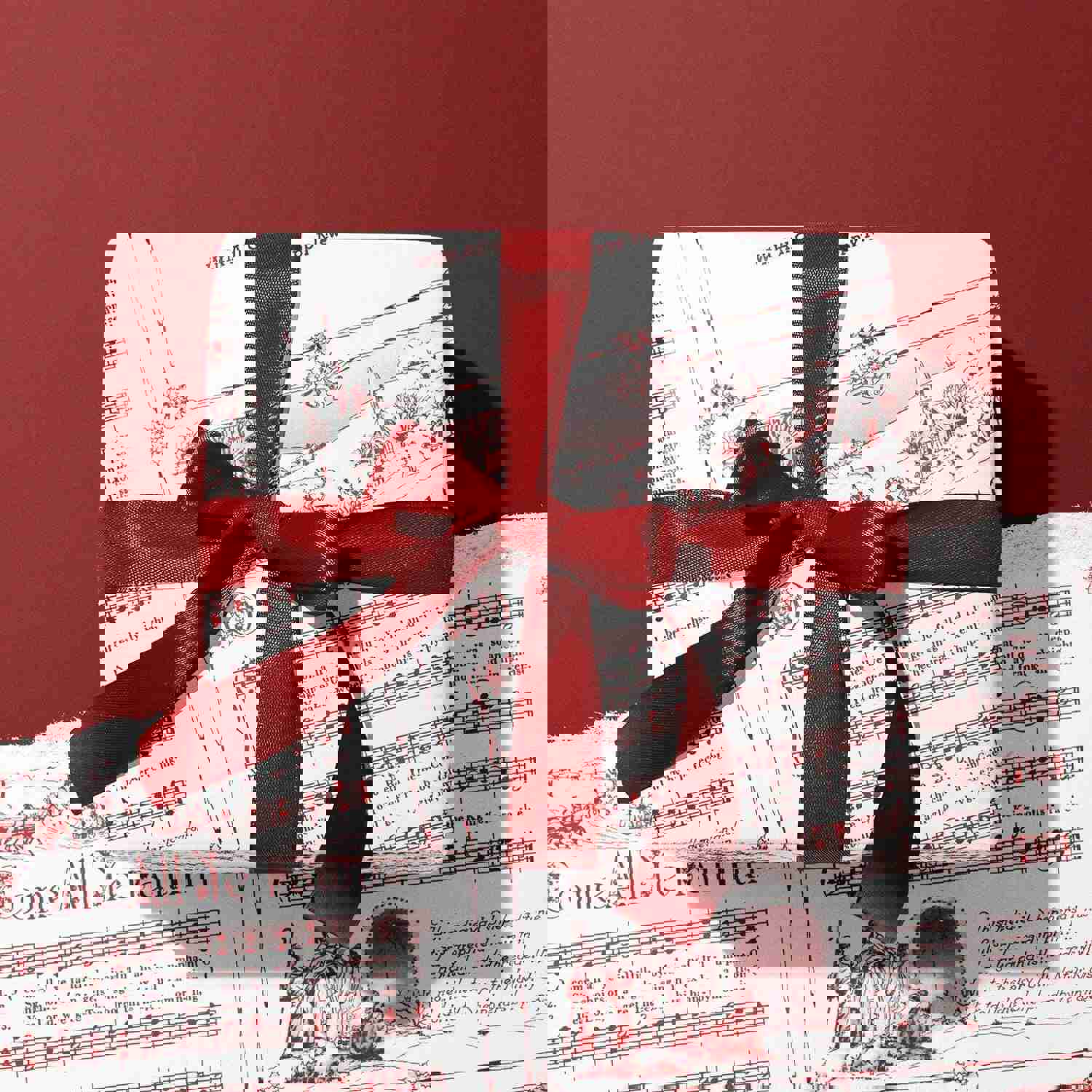 Vintage Christmas Carol Red Wrapping Paper Rolls | Festive Holiday Music Sheets Gift Wraps