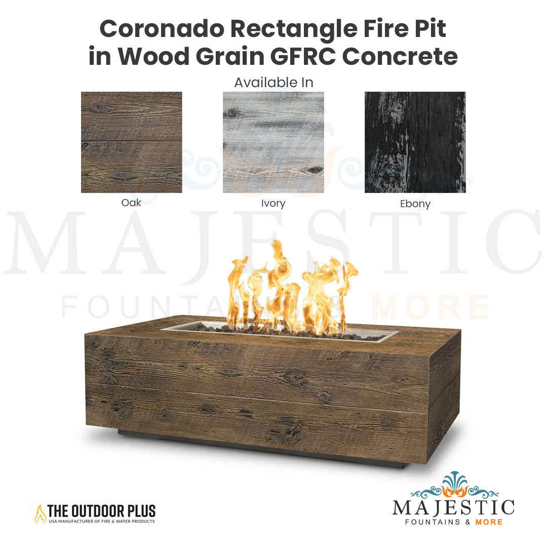 The Outdoor Plus Coronado Rectangle Fire Pit in Wood Grain Concrete with Free Cover