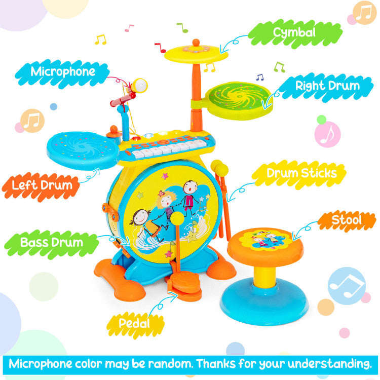 Costway 2-in-1 Kids Electronic Drum and Keyboard Set with Stool