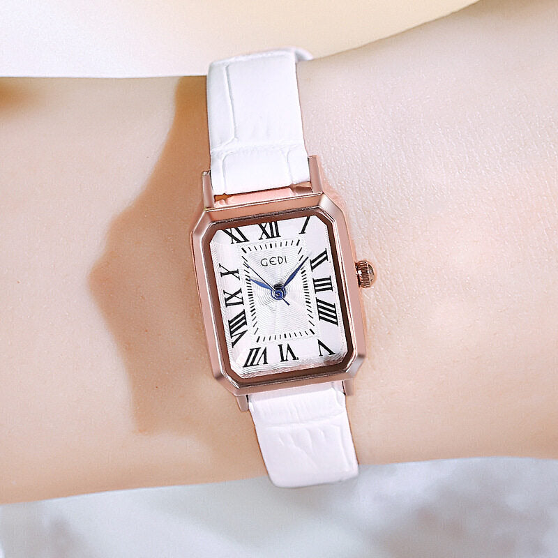 GEDI Women's Fashion Rose Gold Square Retro Roman Scale Waterproof Watch - Korean Style Simple Leather