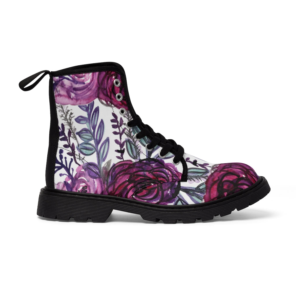 Purple Rose Floral Women's Combat Boots - Lace-up Hiking Boots for Ladies