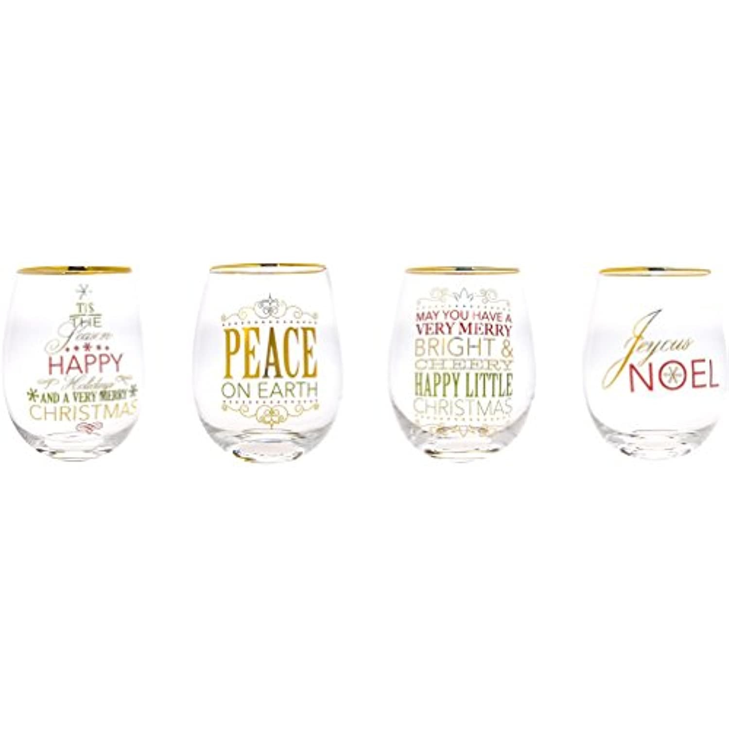 Elegant Home Set of Four (4) 19oz Holiday Festive Christmas Theme Wine Glasses