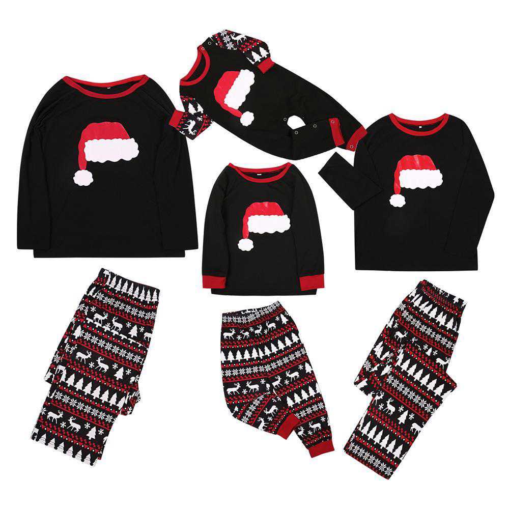 Fashion Family Christmas Hat Pattern Pajamas Set Long Sleeve 2 Pieces Sleepwear Set