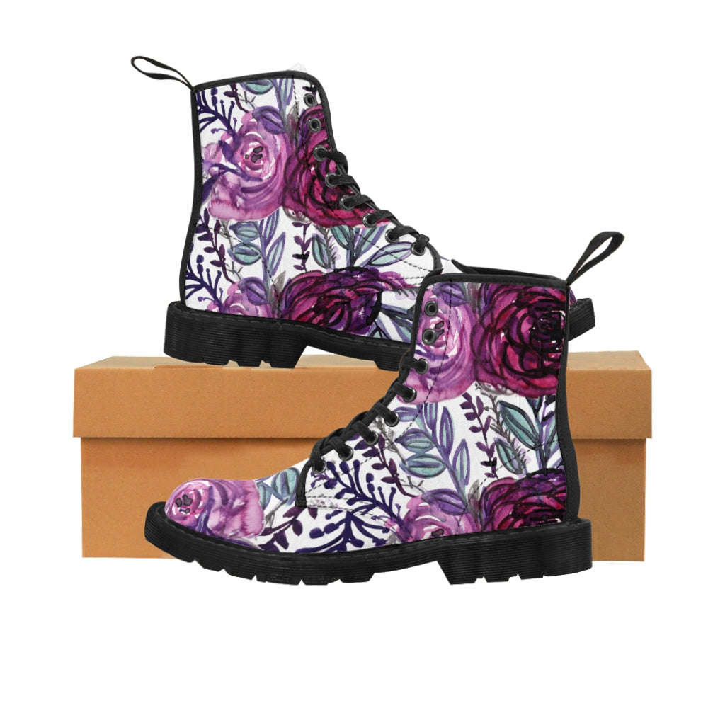 Purple Rose Floral Women's Combat Boots - Lace-up Hiking Boots for Ladies