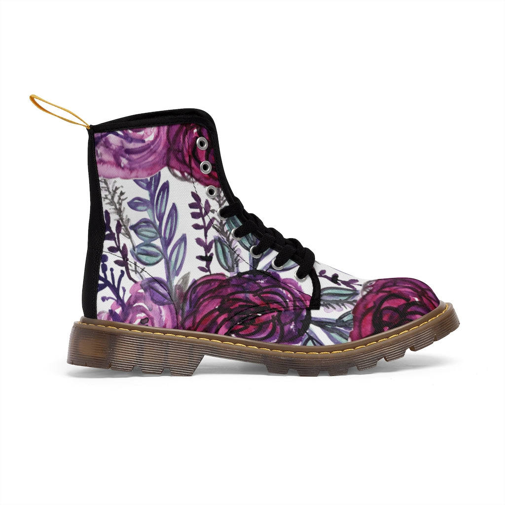Purple Rose Floral Women's Combat Boots - Lace-up Hiking Boots for Ladies