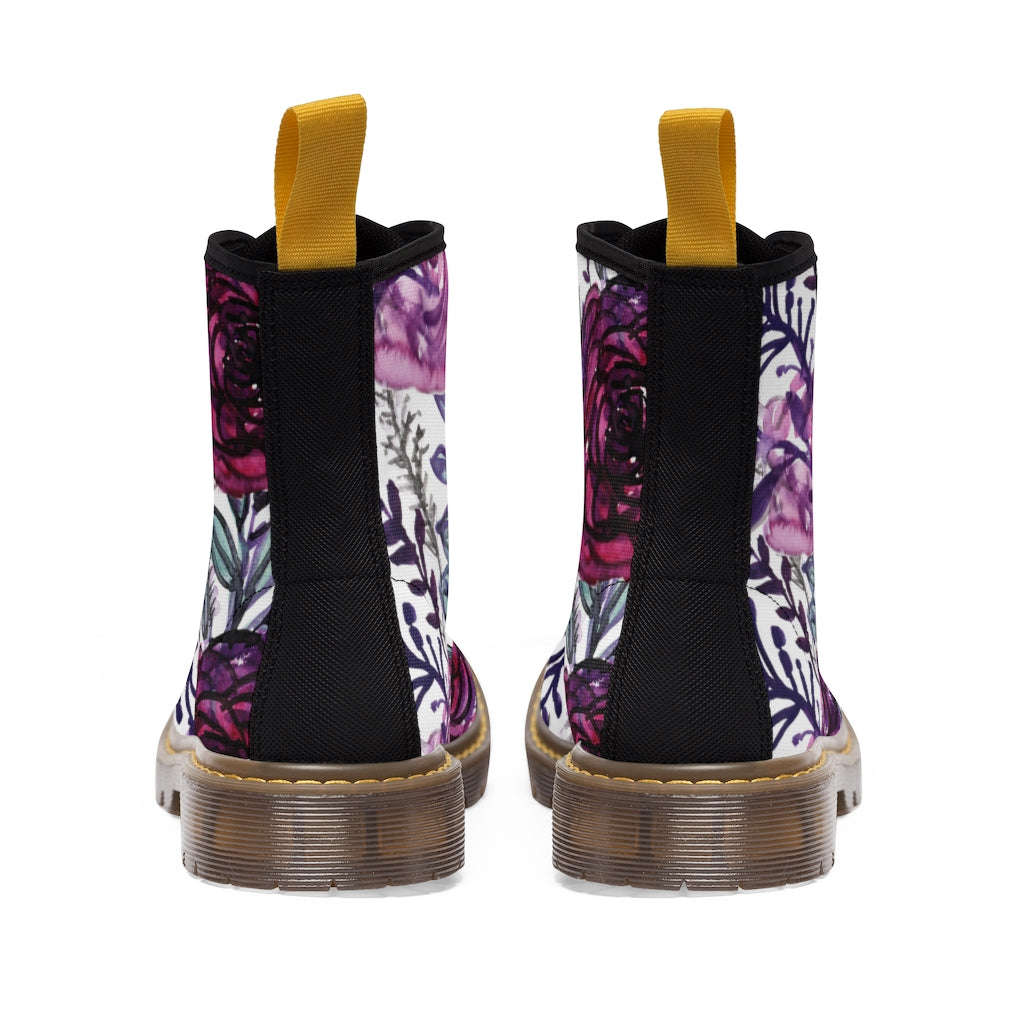 Purple Rose Floral Women's Combat Boots - Lace-up Hiking Boots for Ladies