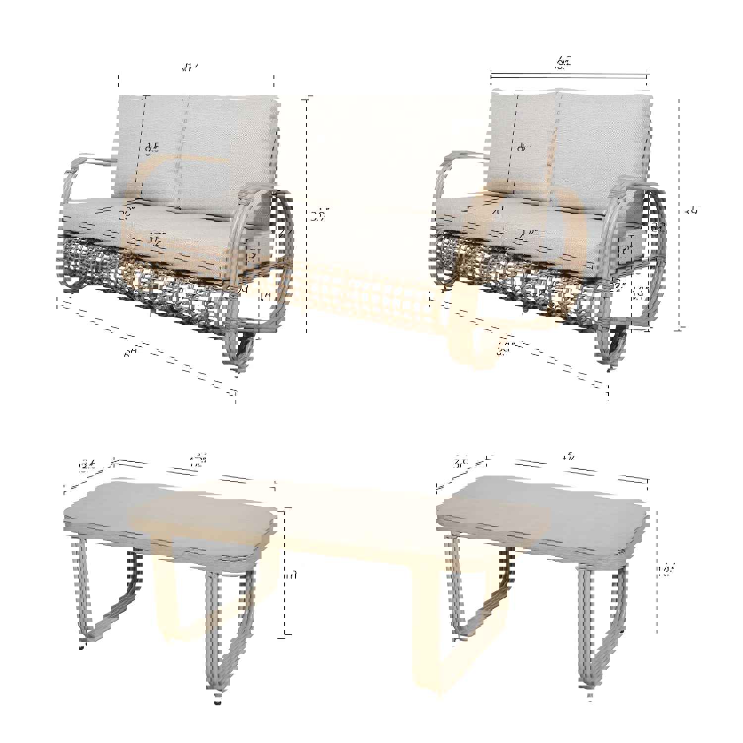 2 Pieces Patio Aluminum Conversation Set with Wicker Decoration and Cushions