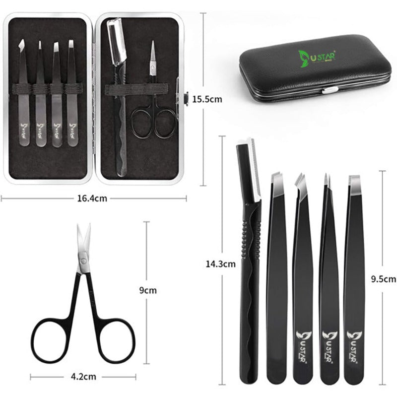 USTAR Professional 6-Piece Eyebrow Tweezers Set with Razor and Scissors for Precise Hair Removal