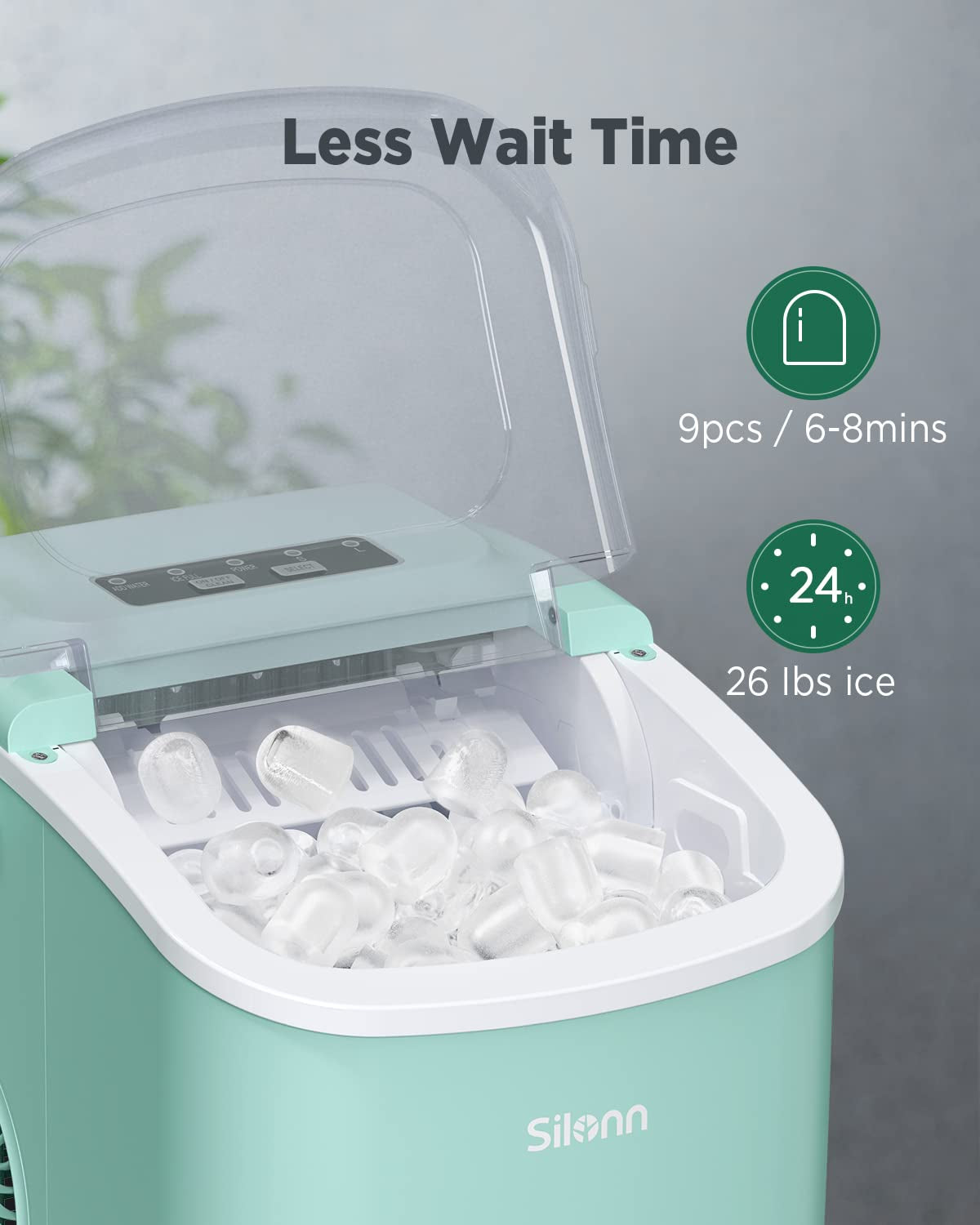 Countertop Ice Maker, 9 Cubes Ready in 6 Mins, 26Lbs in 24Hrs, Self-Cleaning, 2 Sizes of Bullet Ice, Green