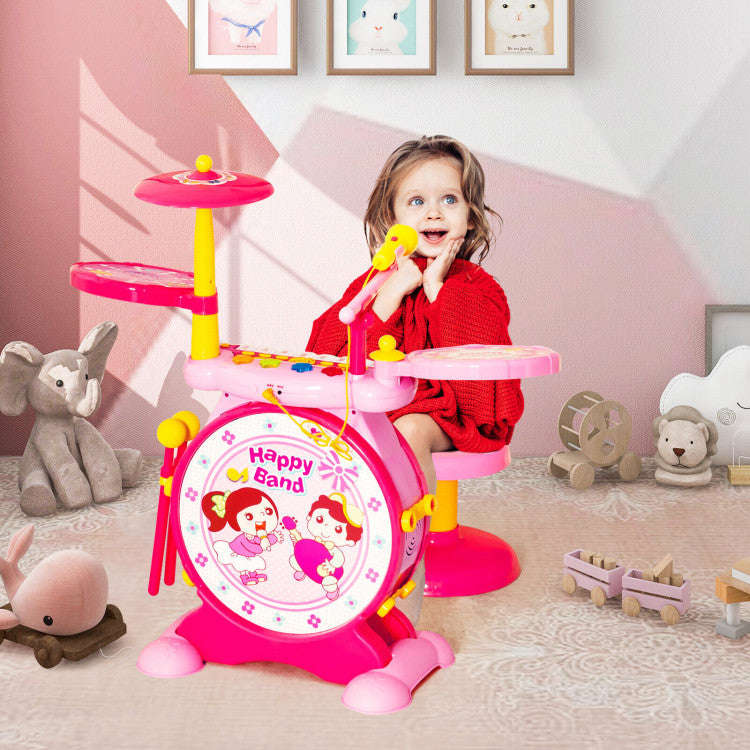 Costway 2-in-1 Kids Electronic Drum and Keyboard Set with Stool