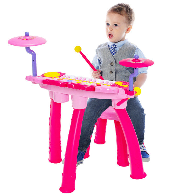 Costway 2-in-1 Kids Electronic Drum and Keyboard Set with Stool