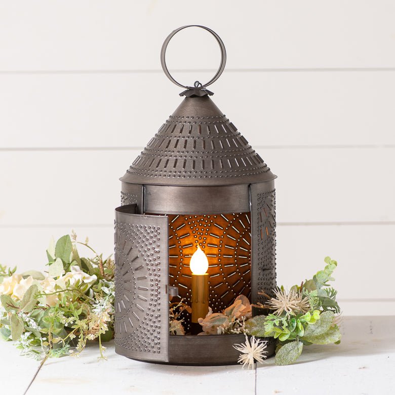 Large Fireside Colonial Lantern with Chisel Pattern in Kettle Black Finish