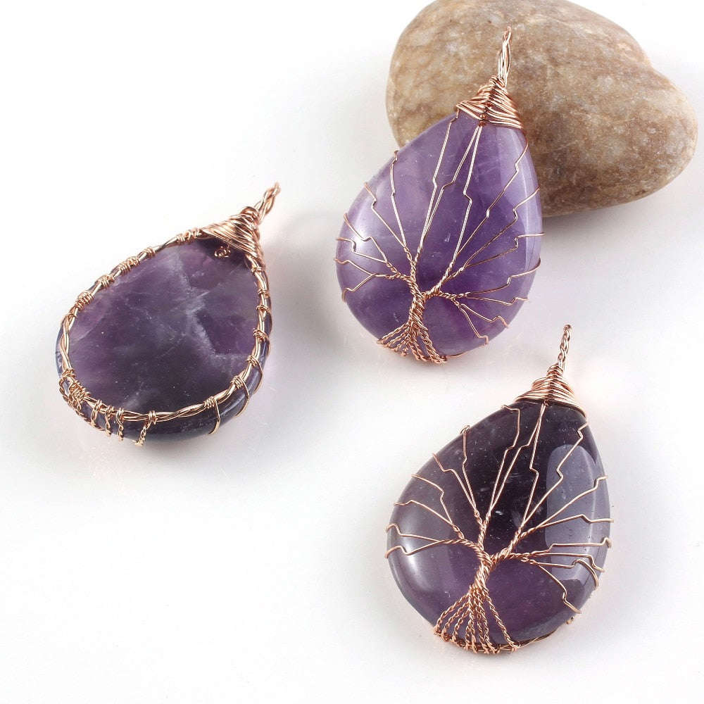 Natural Gnergy Gemstone Summer Style Rose Gold Color Purple Stone Tree Life Wire Wrapped Water Drop Pendant Amethysts Jewelry