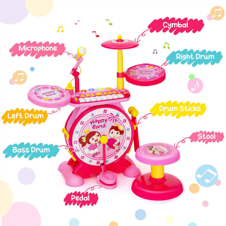 Costway 2-in-1 Kids Electronic Drum and Keyboard Set with Stool