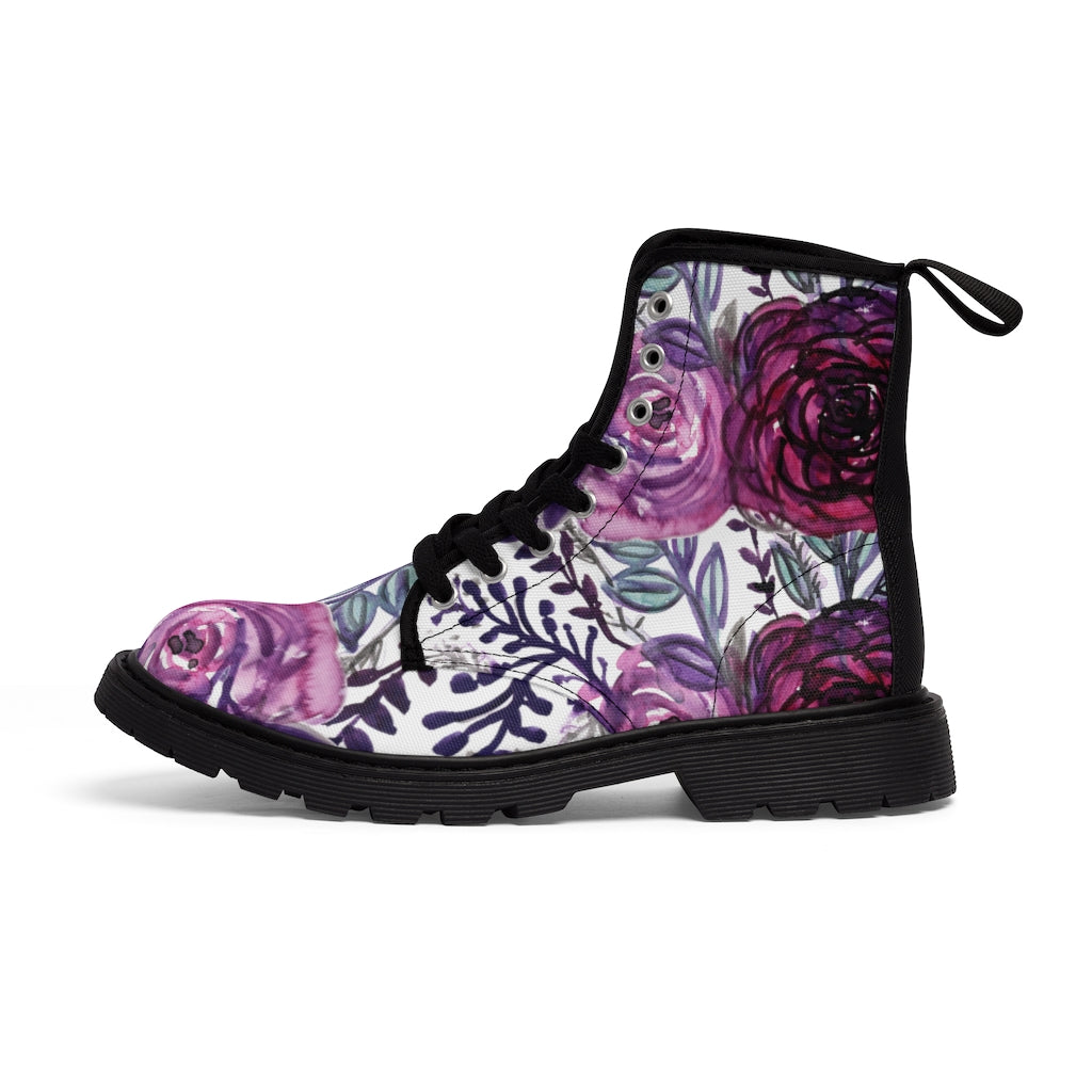 Purple Rose Floral Women's Combat Boots - Lace-up Hiking Boots for Ladies