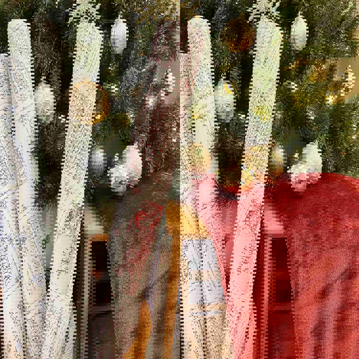 Vintage Christmas Carol Red Wrapping Paper Rolls | Festive Holiday Music Sheets Gift Wraps