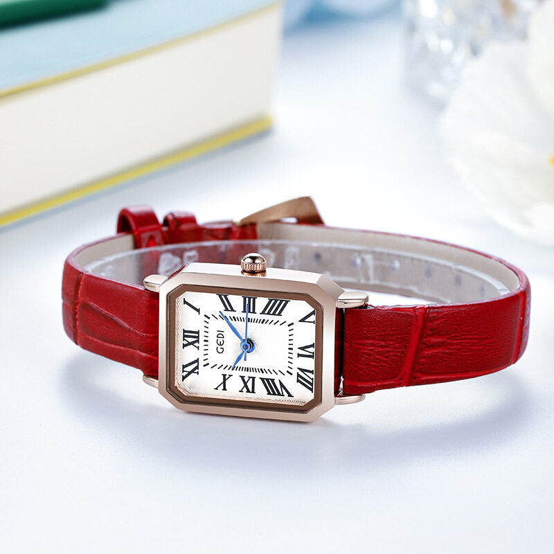 GEDI Women's Fashion Rose Gold Square Retro Roman Scale Waterproof Watch - Korean Style Simple Leather