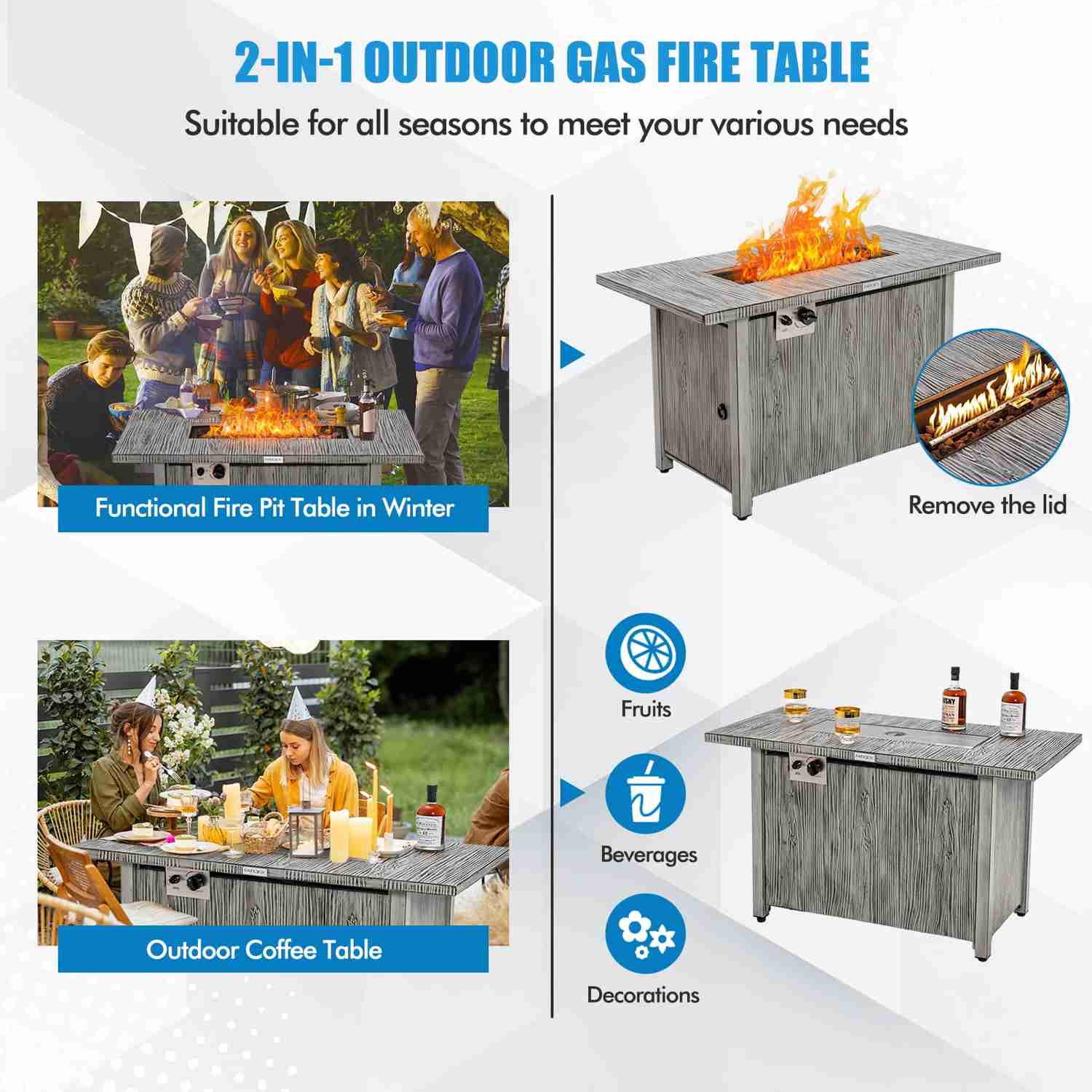 Tangkula 43 Inch Propane Fire Pit Table with Removable Lid, 50,000 BTU Outdoor Gas Fire Table