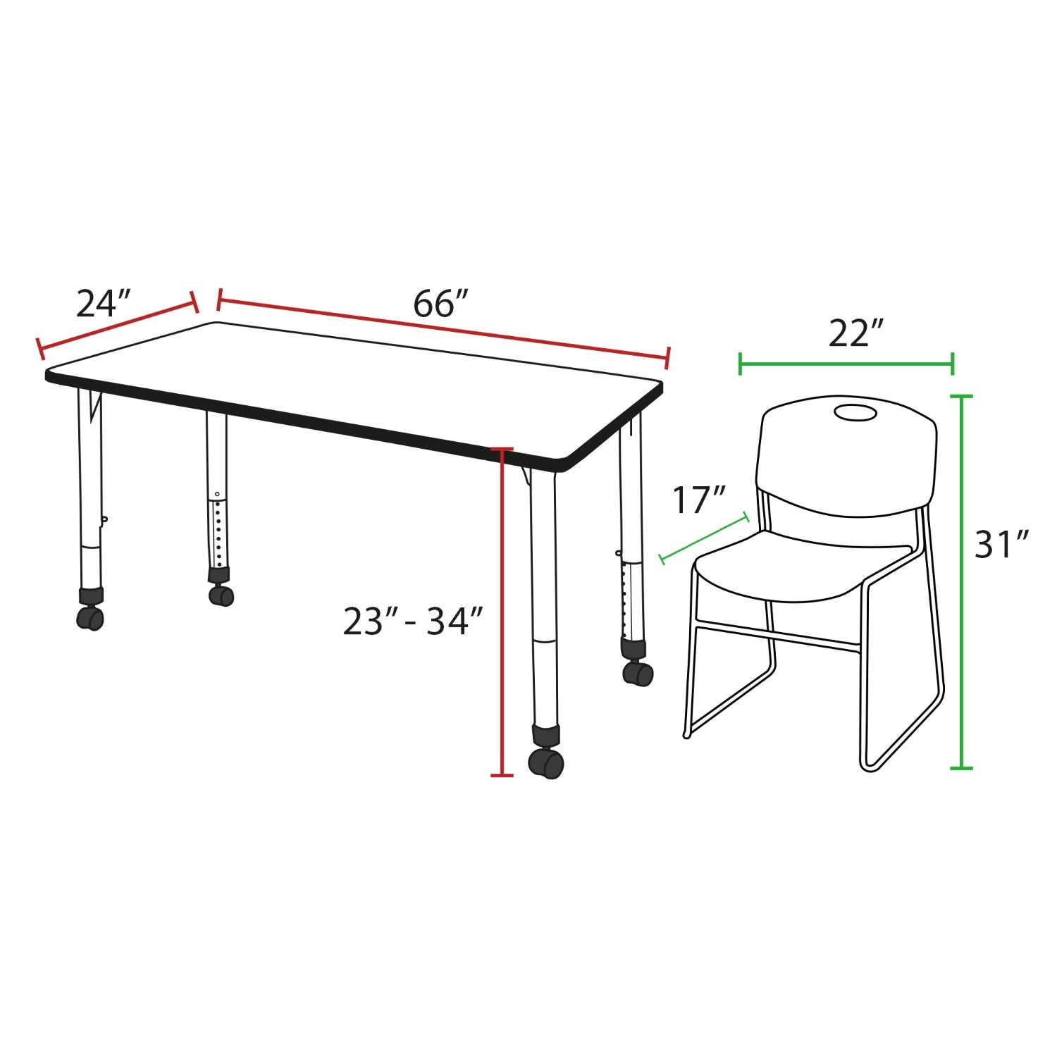 Kee Classroom Table and Chair Package - Adjustable Height Table with 2 Stack Chairs