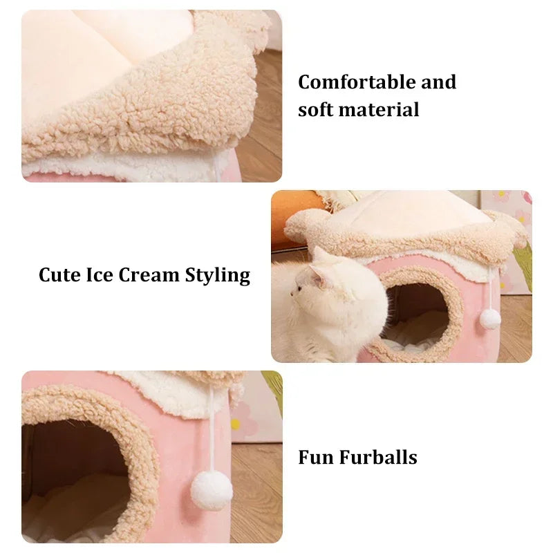 Warm Winter Cat Dog House - Geometric Ice Cream Design Pet Nest for Small to Medium Pets