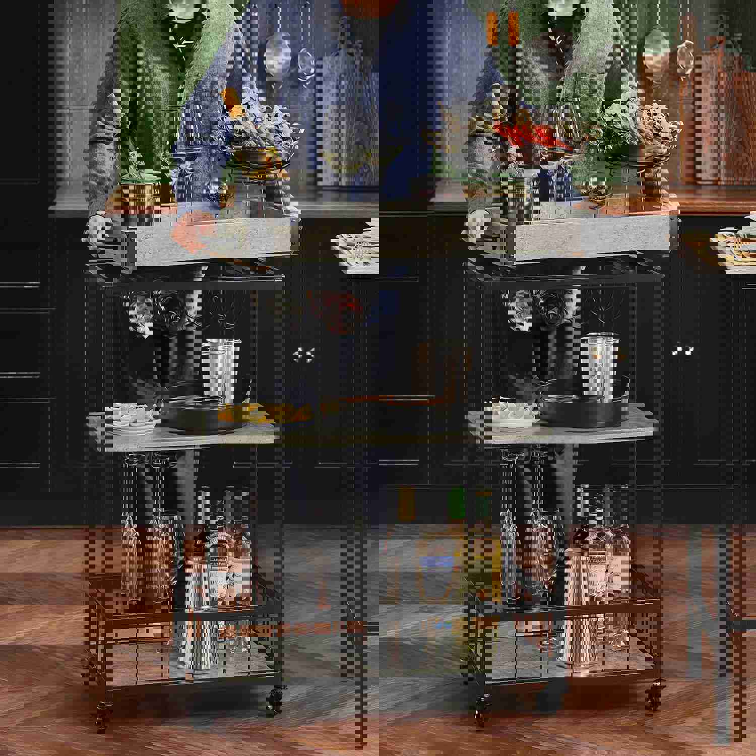 3 Tiers Kitchen Trolley Serving Cart with Wine Rack, FKW56-HG