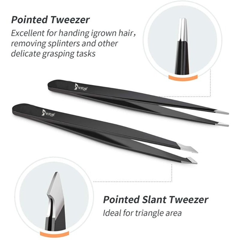 USTAR Professional 6-Piece Eyebrow Tweezers Set with Razor and Scissors for Precise Hair Removal