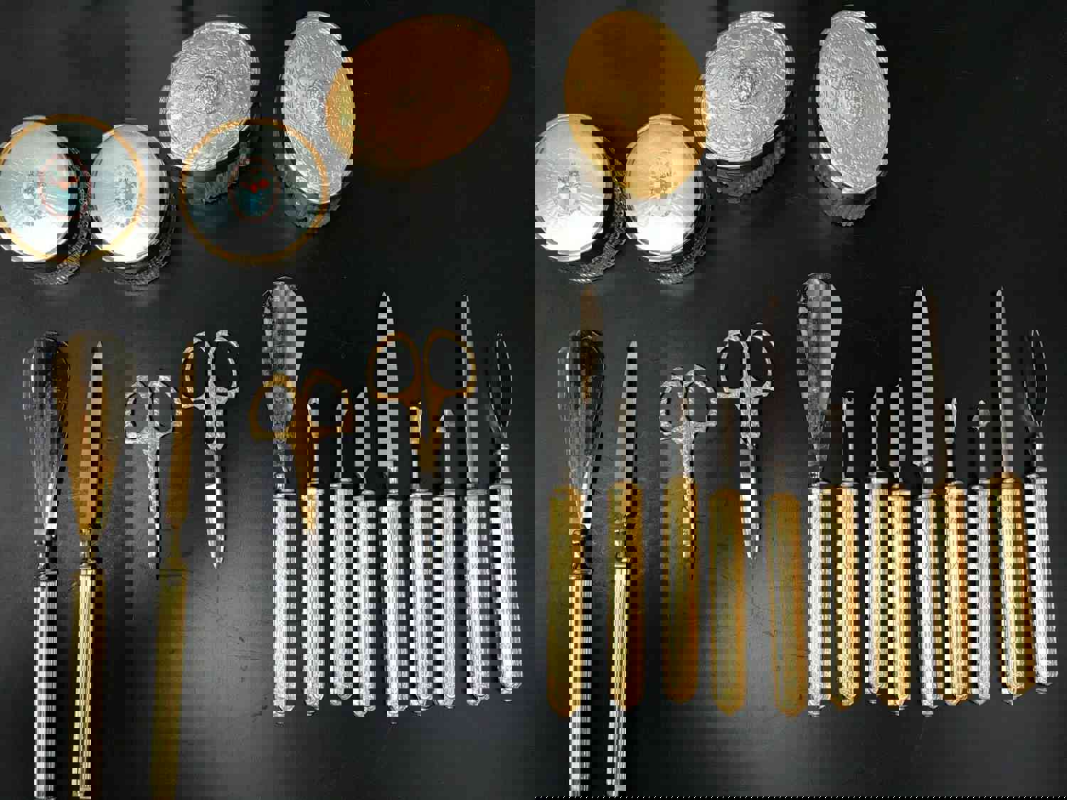 Vintage Vanity Set with 9 Beauty Tools and 4 Jars - Gold Tone Daisy Design