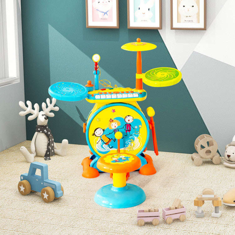 Costway 2-in-1 Kids Electronic Drum and Keyboard Set with Stool