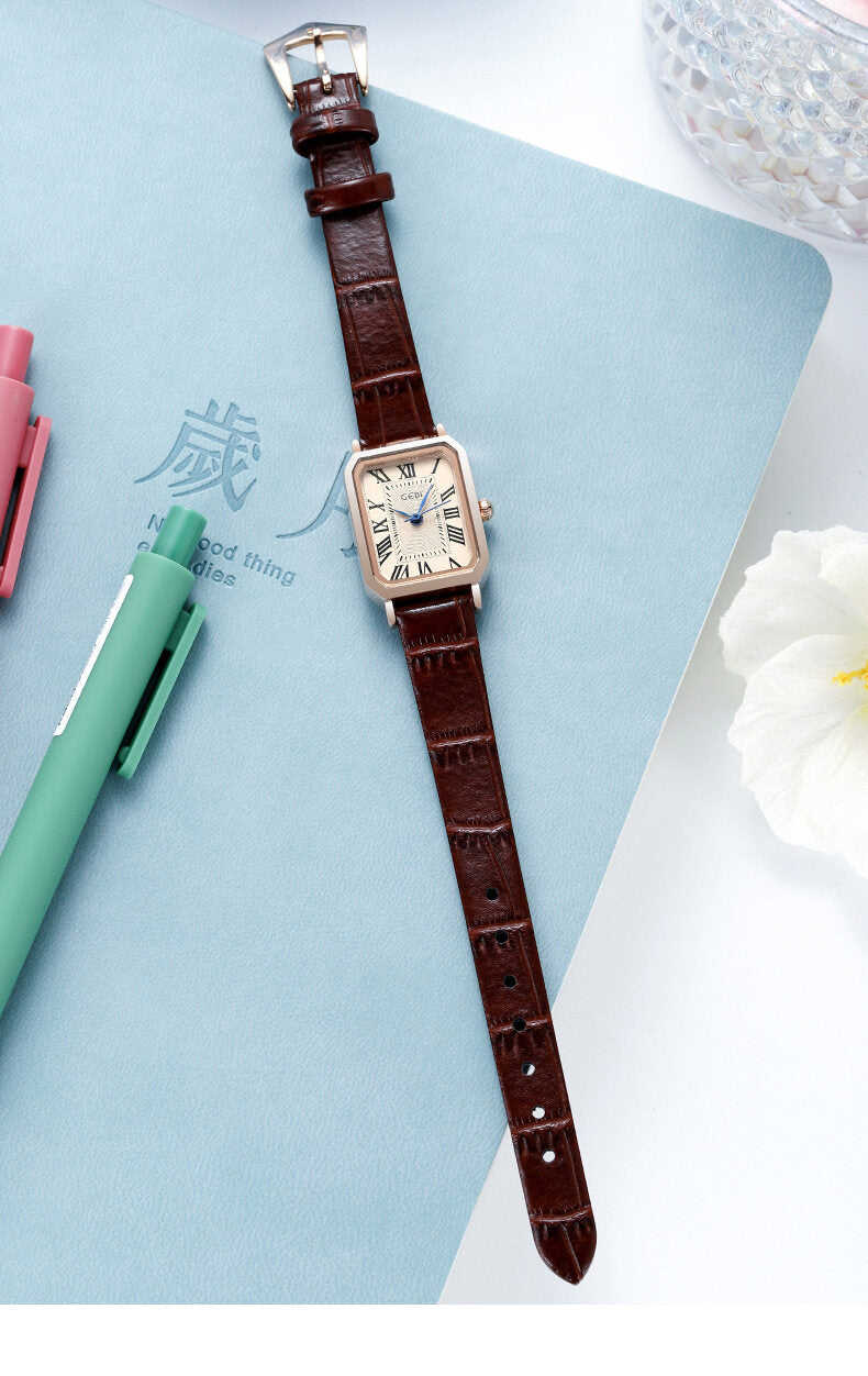 GEDI Women's Fashion Rose Gold Square Retro Roman Scale Waterproof Watch - Korean Style Simple Leather