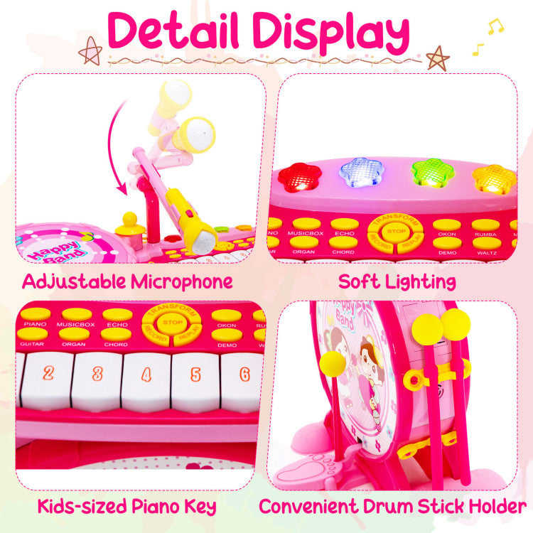 Costway 2-in-1 Kids Electronic Drum and Keyboard Set with Stool