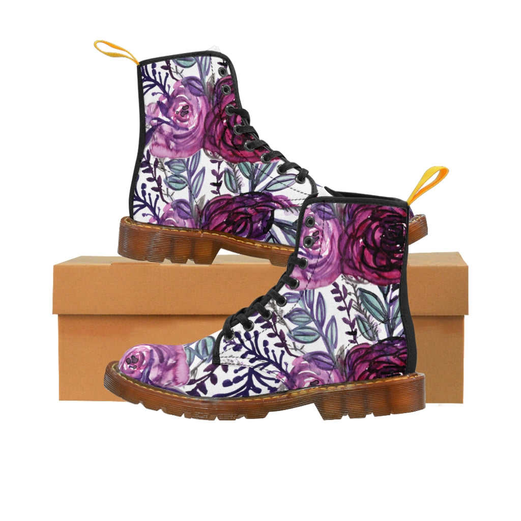 Purple Rose Floral Women's Combat Boots - Lace-up Hiking Boots for Ladies