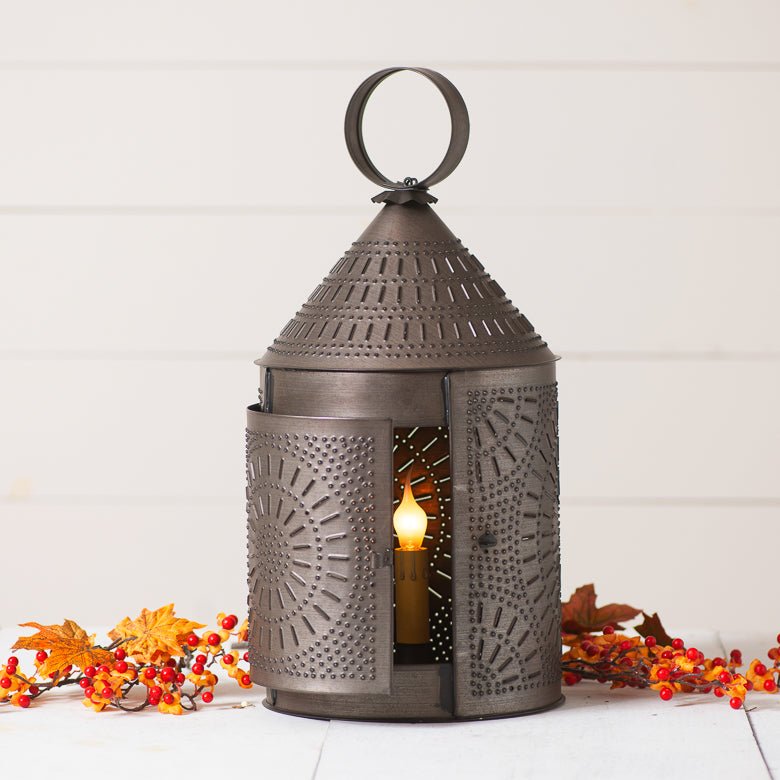 Large Fireside Colonial Lantern with Chisel Pattern in Kettle Black Finish