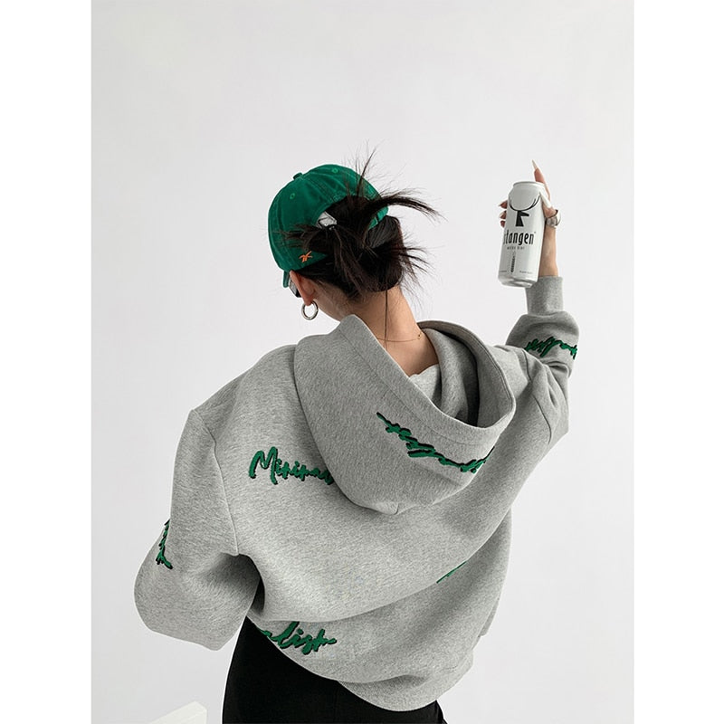 Trizchlor Korean Women's Vintage Grey Loose Pullover Hoodie with Letter Print