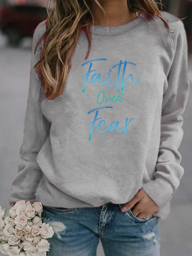 Women's Faith Over Fear Letter Printed Fleece Hoodie