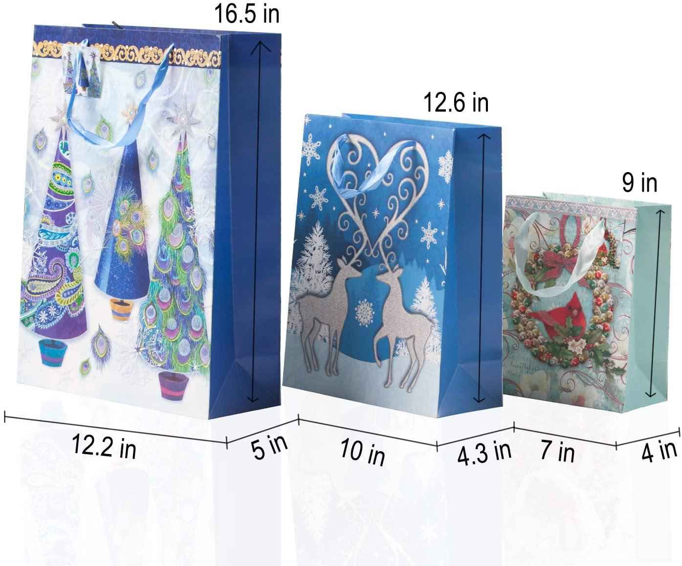 Christmas Paper Gift Bags Bulk Assortment - 12 Count Holiday Themed Gift Bags with Handles (3 Sizes, 4 Patterns)